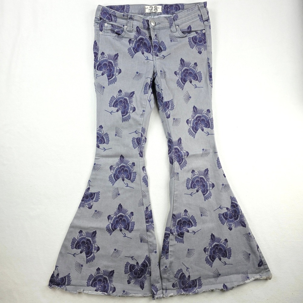 Free People We The Free Flare Jeans Womens 28 Grey Purple Floral Boho Retro Bell